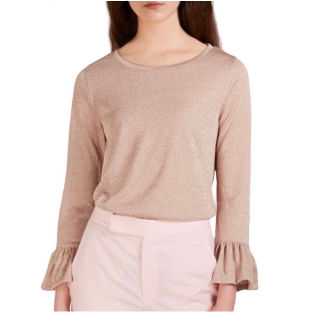 J.Crew Women's‎ Metallic Knit Top With Flounce Sleeves in Rose Gold Size Small